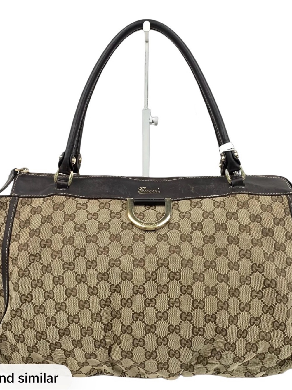 Gucci Beige Brown GG Canvas Shoulder Bag with Dark Brown Leather Trim